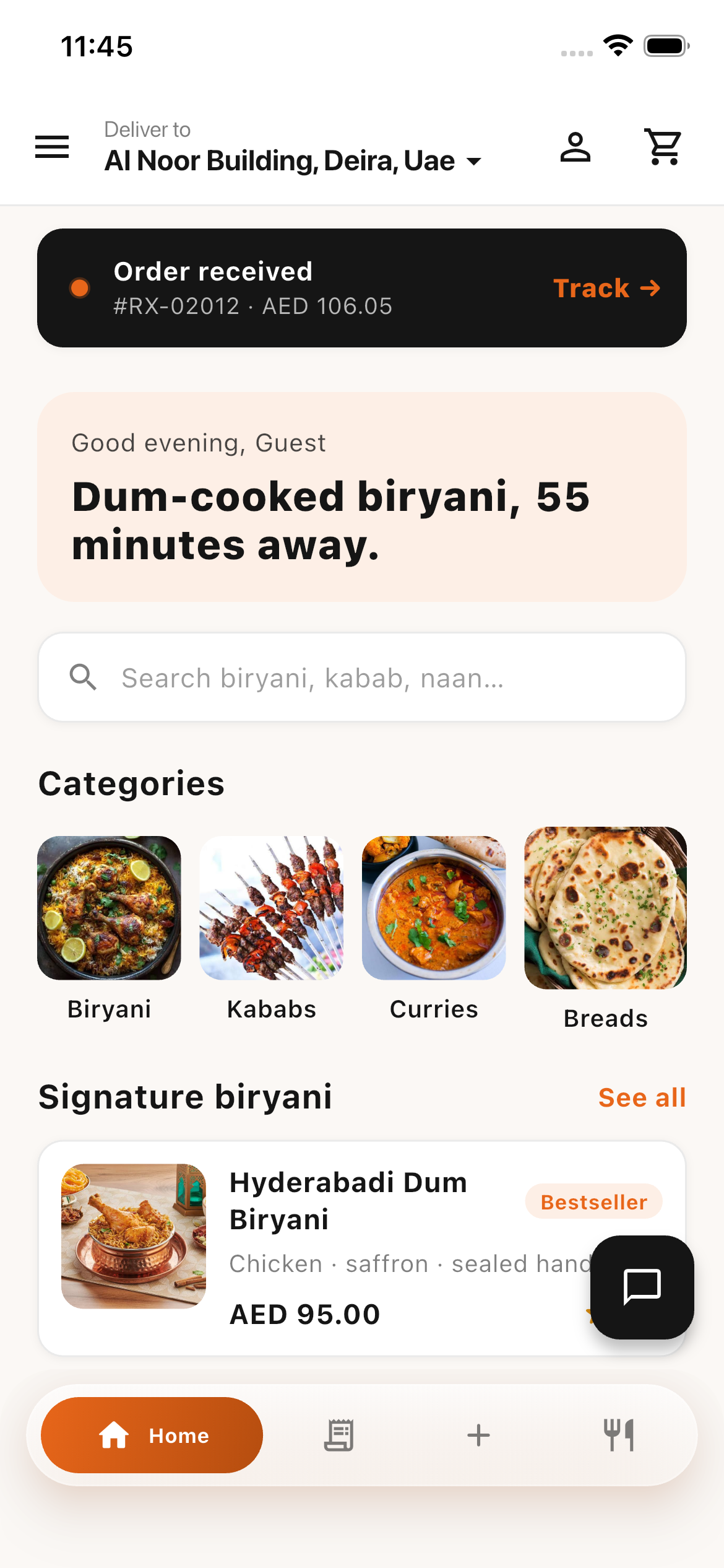 Serveo mobile app: home, food categories and order tracking